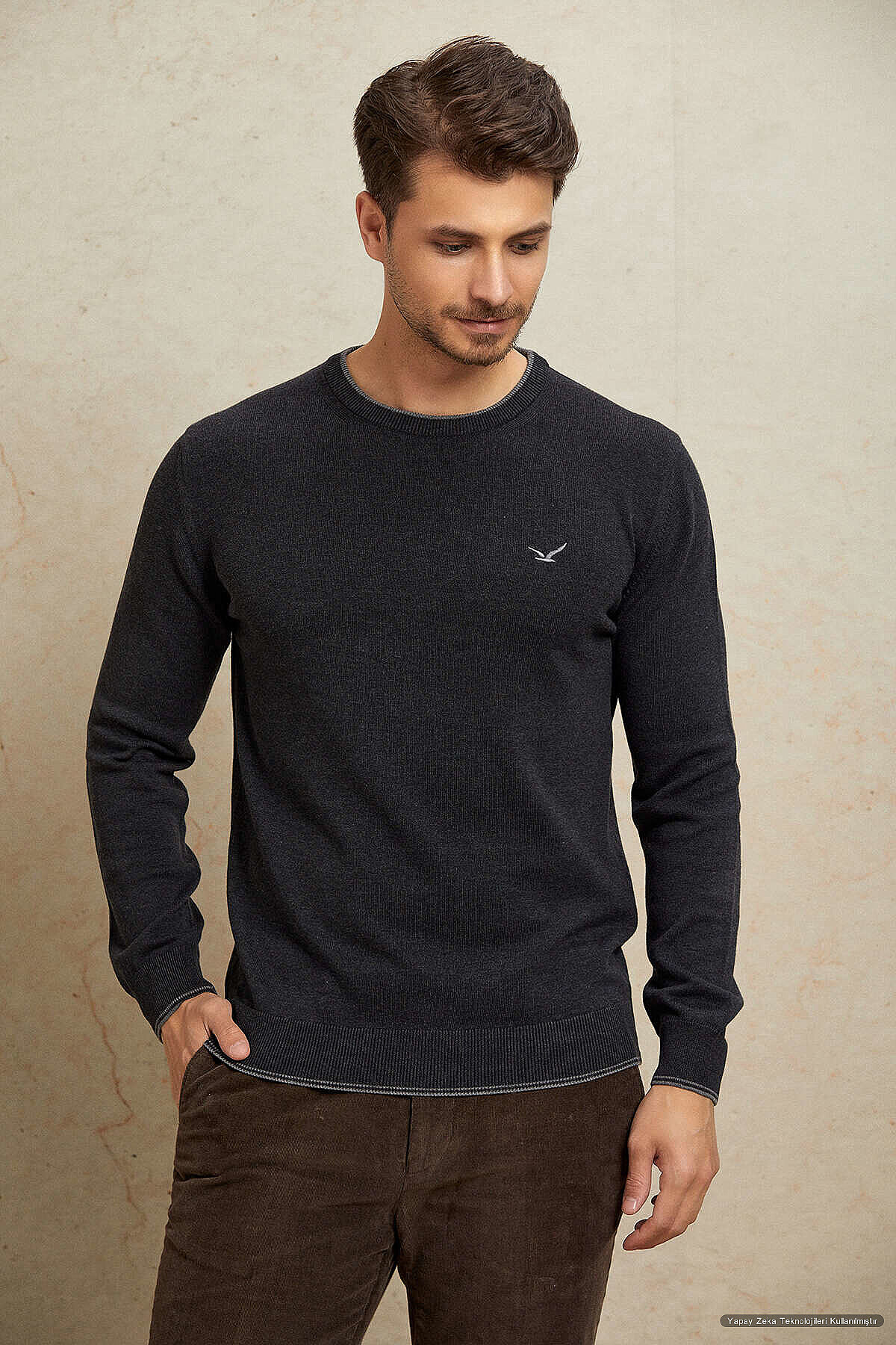 Anthracite 100% Cotton Round Neck Sweater - 2