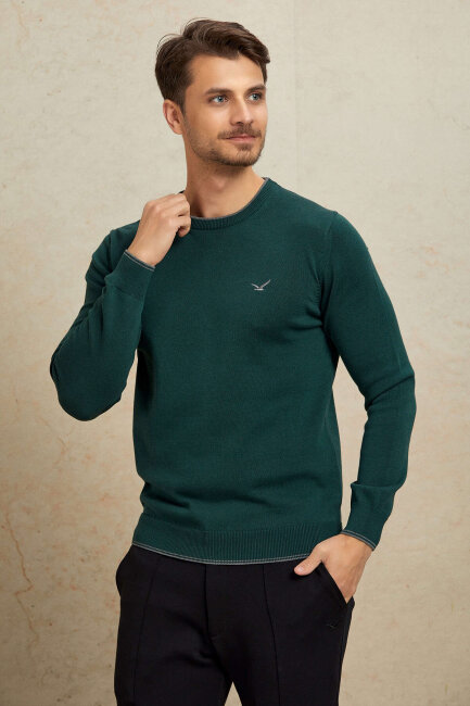 Dark Green 100% Cotton Round Neck Sweater - 3
