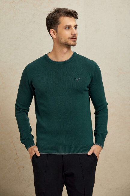 Dark Green 100% Cotton Round Neck Sweater - 4