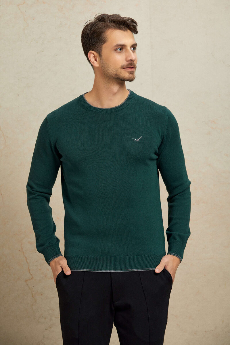 Dark Green 100% Cotton Round Neck Sweater - 4