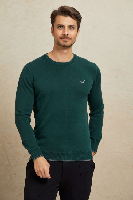 Dark Green 100% Cotton Round Neck Sweater - 5