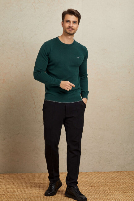 Dark Green 100% Cotton Round Neck Sweater - 6