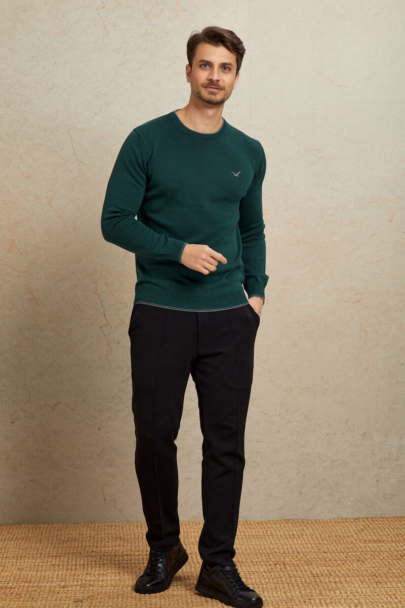 Dark Green 100% Cotton Round Neck Sweater - 6