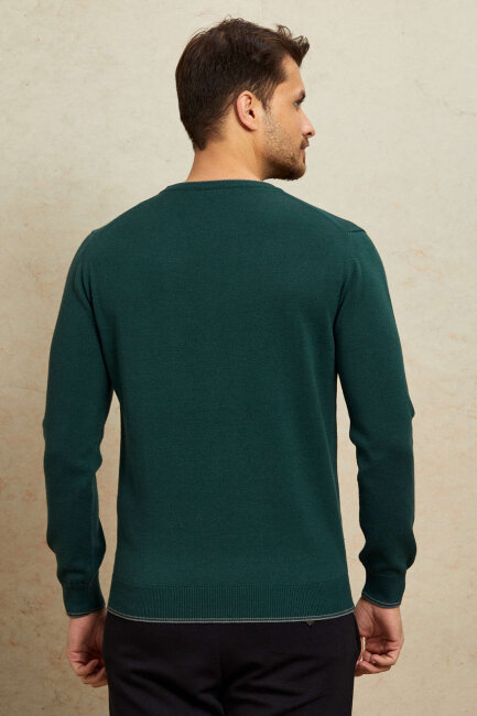 Dark Green 100% Cotton Round Neck Sweater - 7
