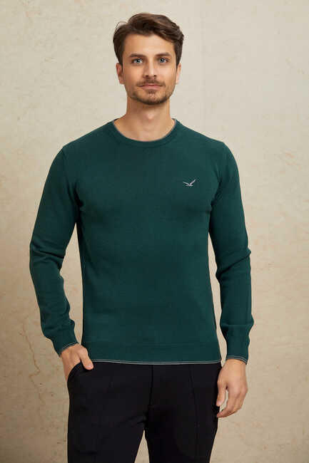 Dark Green 100% Cotton Round Neck Sweater - 1