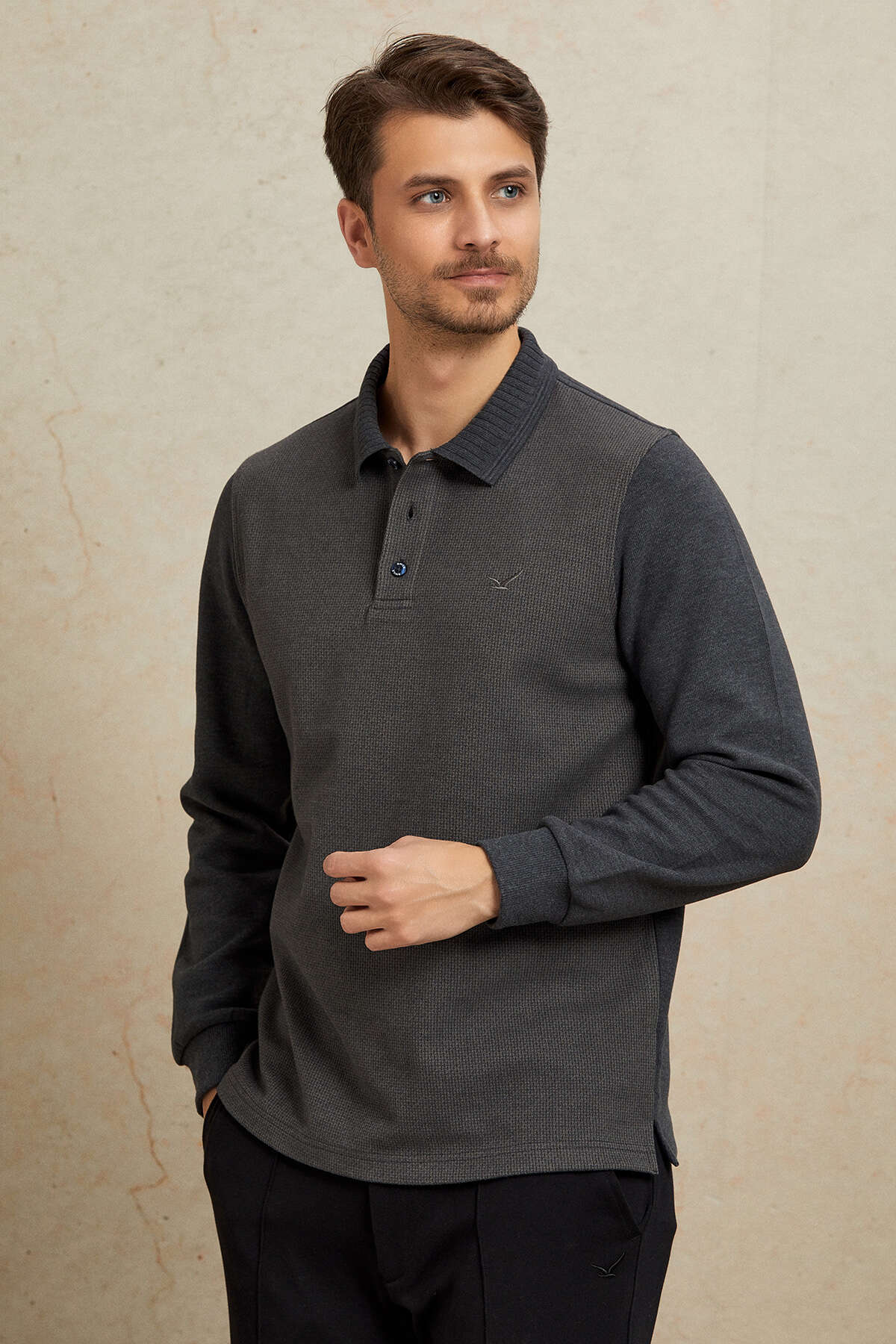 Haki Pamuklu Polo Sweatshirt - 1