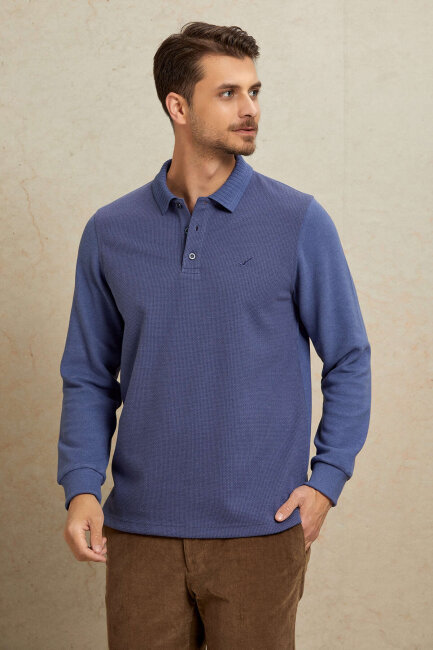 Mavi Pamuklu Polo Sweatshirt - 4