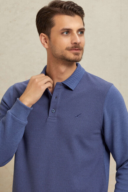 Mavi Pamuklu Polo Sweatshirt - 2
