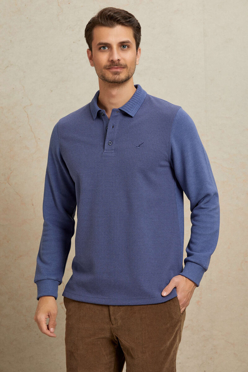 Mavi Pamuklu Polo Sweatshirt - 5