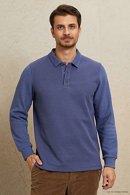 Mavi Pamuklu Polo Sweatshirt