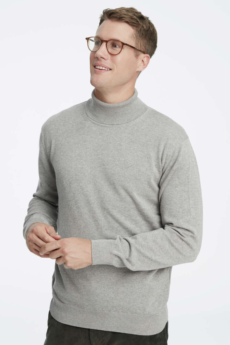 Grey Melange 100% Cotton Turtleneck Sweater - 2