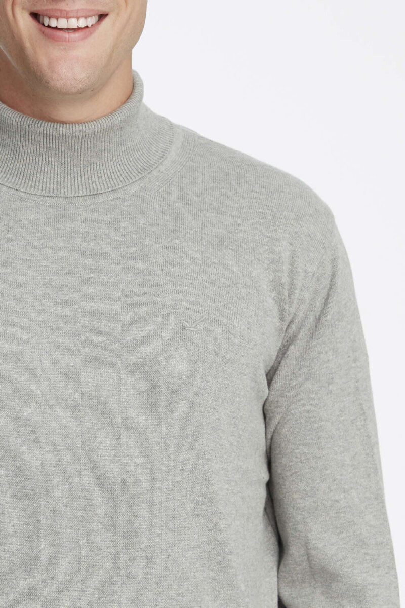 Grey Melange 100% Cotton Turtleneck Sweater - 3