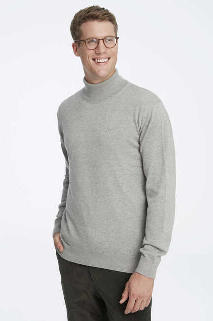Grey Melange 100% Cotton Turtleneck Sweater - 1