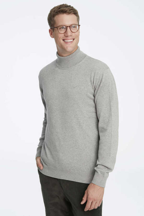 Grey Melange 100% Cotton Turtleneck Sweater - 1
