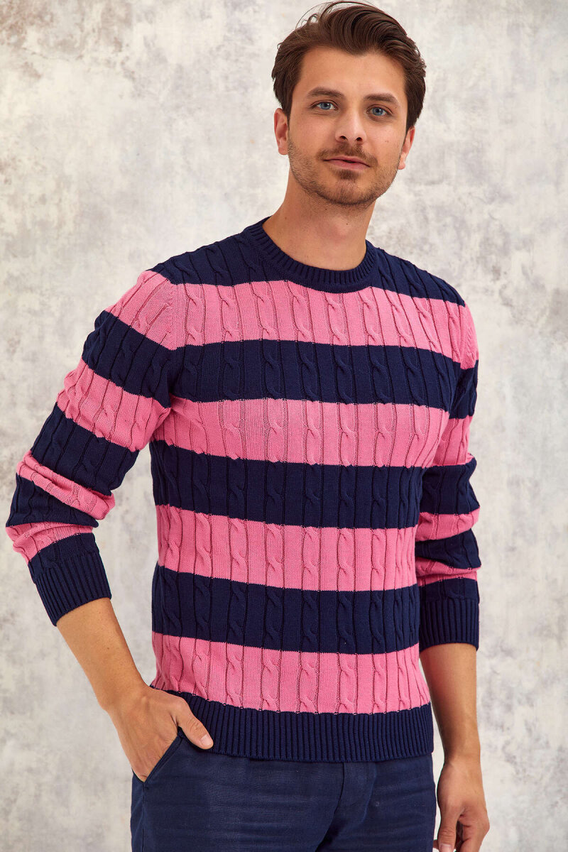 Navy Blue - Pink 100% Cotton Round Neck Sweater (1)