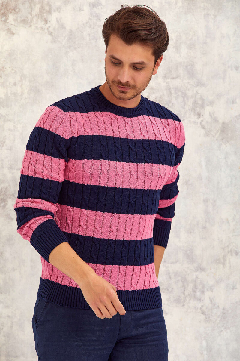 Navy Blue - Pink 100% Cotton Round Neck Sweater - 3