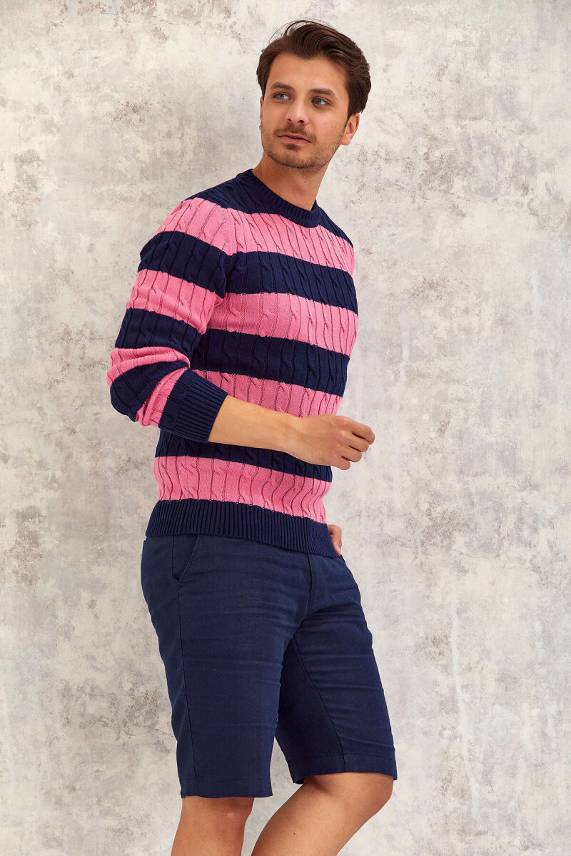 Navy Blue - Pink 100% Cotton Round Neck Sweater - 4