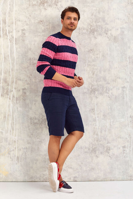 Navy Blue - Pink 100% Cotton Round Neck Sweater - 5