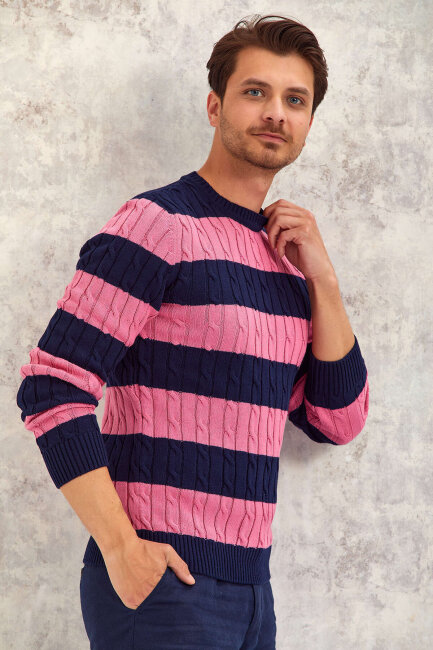 Navy Blue - Pink 100% Cotton Round Neck Sweater - 6