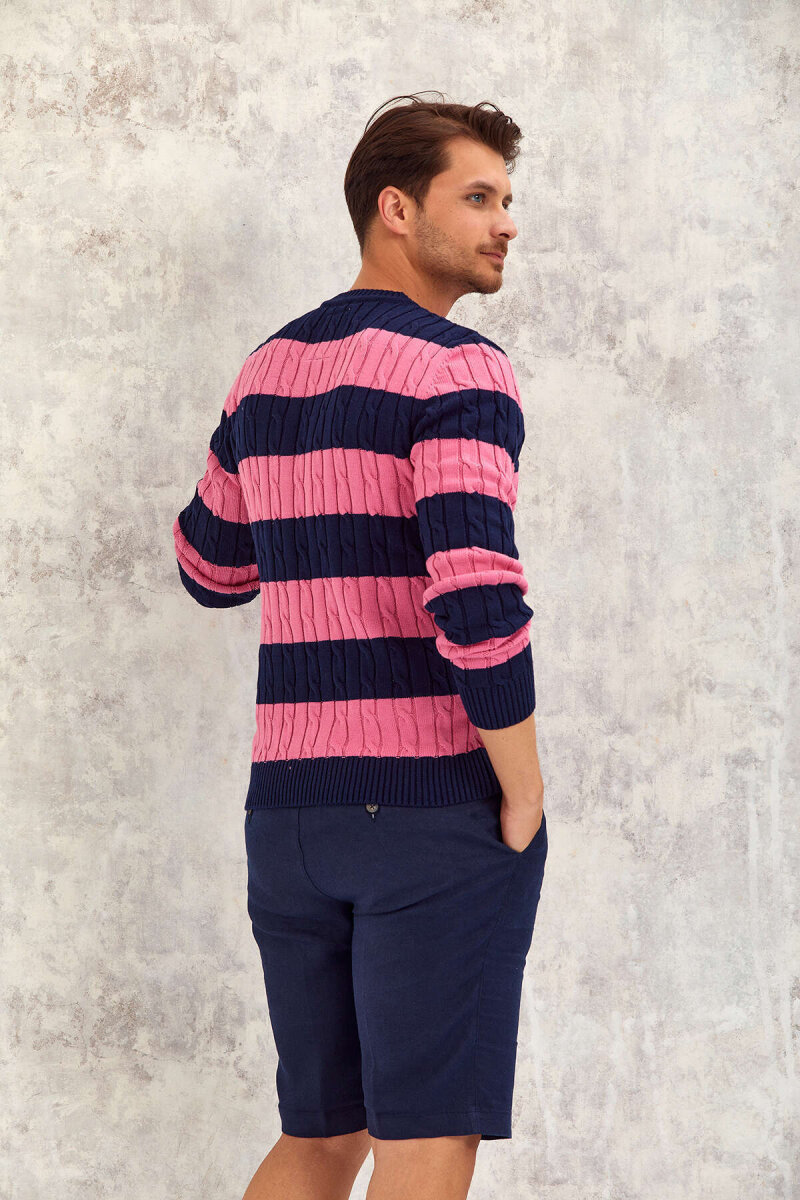 Navy Blue - Pink 100% Cotton Round Neck Sweater - 7