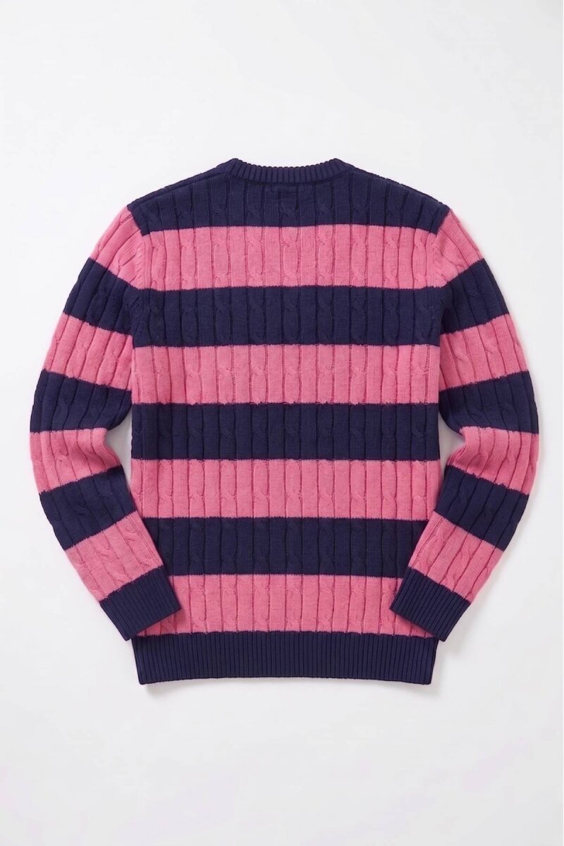 Navy Blue - Pink 100% Cotton Round Neck Sweater - 5
