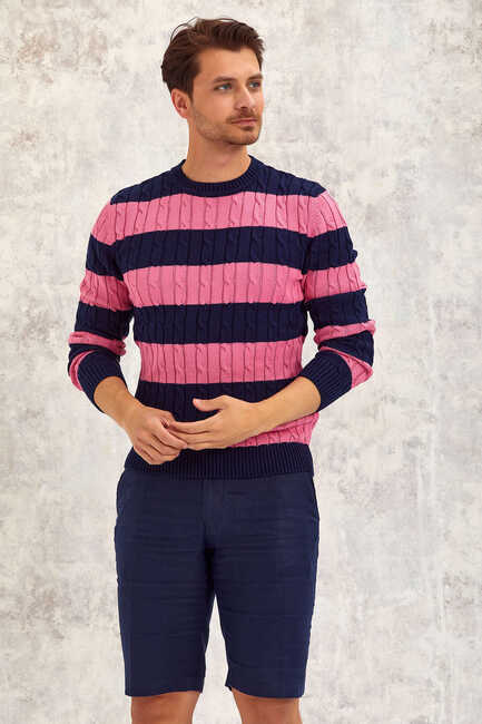 Navy Blue - Pink 100% Cotton Round Neck Sweater 