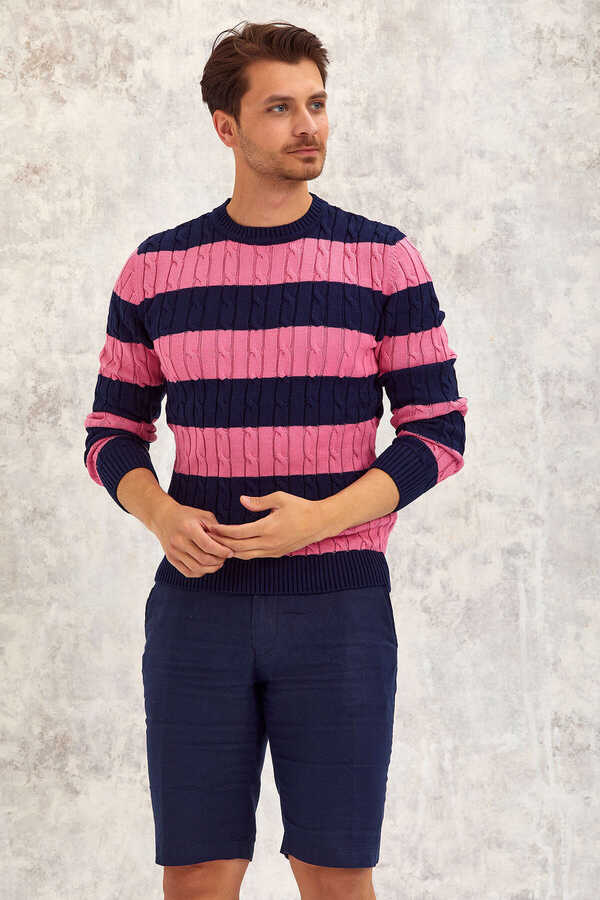 Navy Blue - Pink 100% Cotton Round Neck Sweater