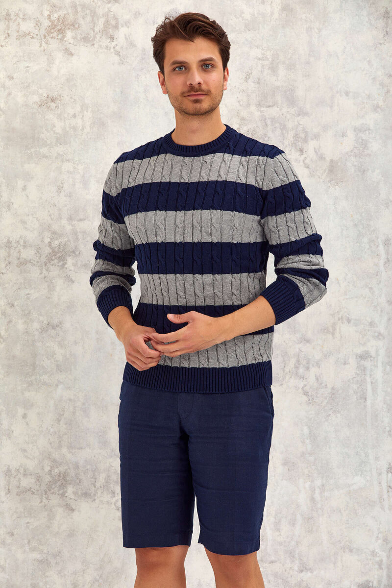 Navy Blue - Grey 100% Cotton Round Neck Sweater (1)