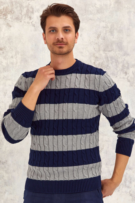 Navy Blue - Grey 100% Cotton Round Neck Sweater - 3