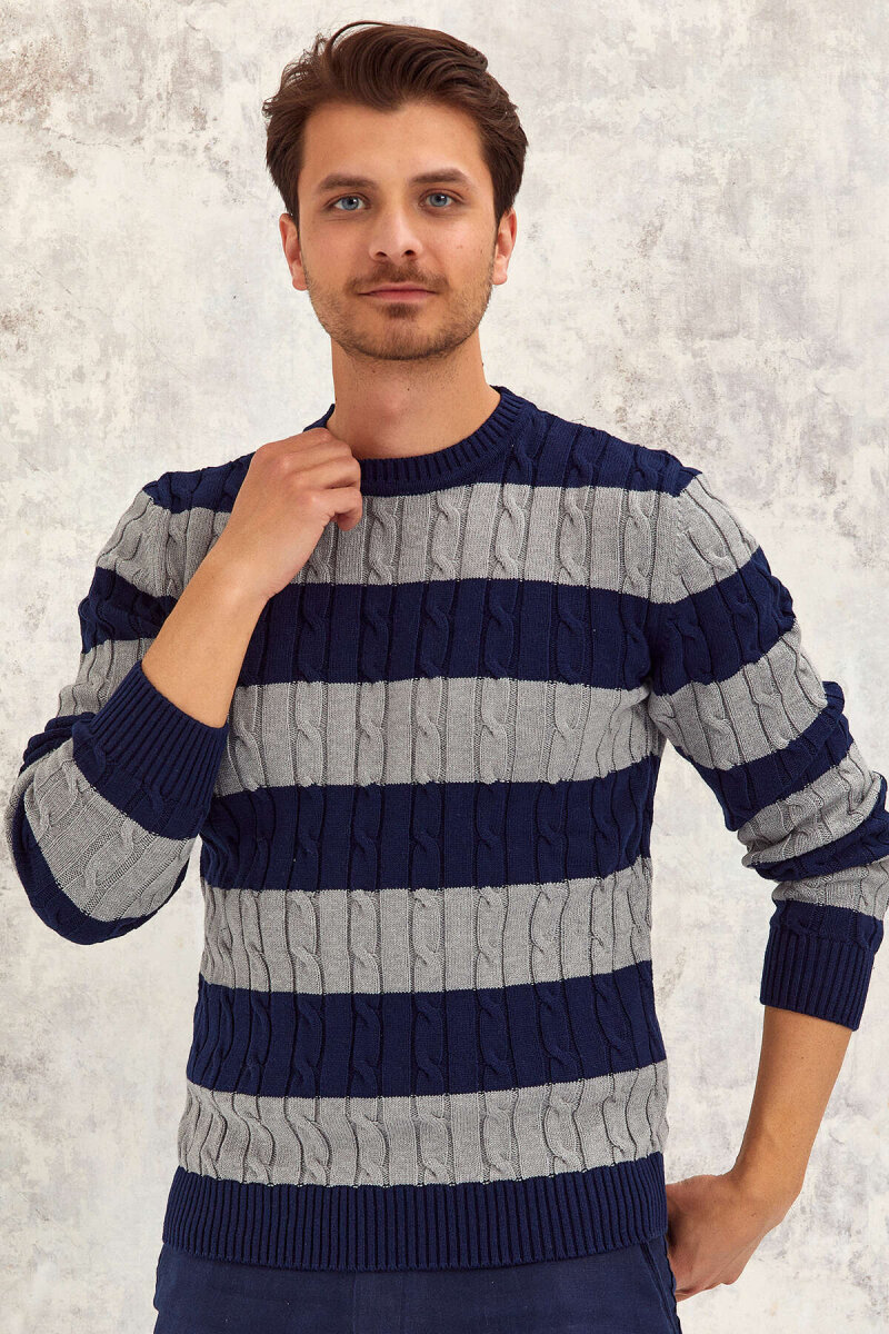 Navy Blue - Grey 100% Cotton Round Neck Sweater - 3