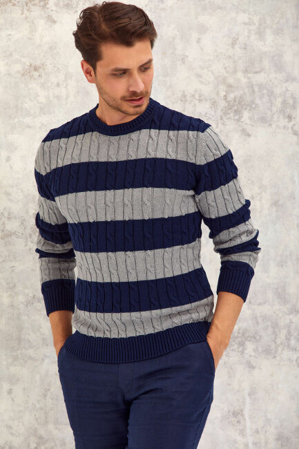 Navy Blue - Grey 100% Cotton Round Neck Sweater - 4