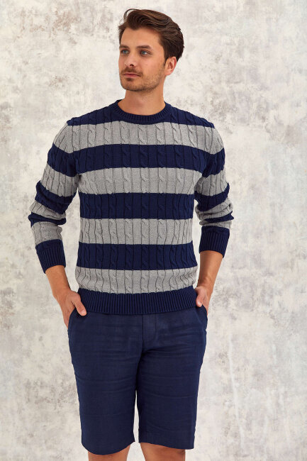 Navy Blue - Grey 100% Cotton Round Neck Sweater - 5