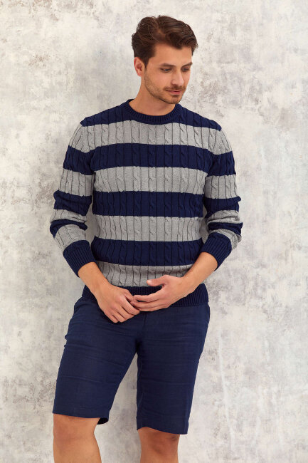 Navy Blue - Grey 100% Cotton Round Neck Sweater - 6