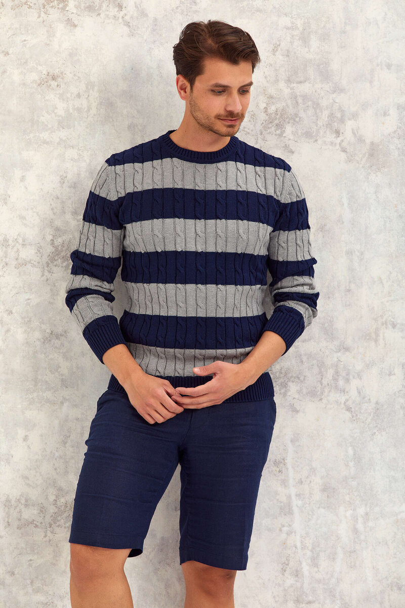Navy Blue - Grey 100% Cotton Round Neck Sweater - 6