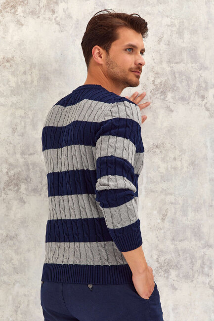 Navy Blue - Grey 100% Cotton Round Neck Sweater - 7
