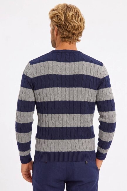 Navy Blue - Grey 100% Cotton Round Neck Sweater - 4