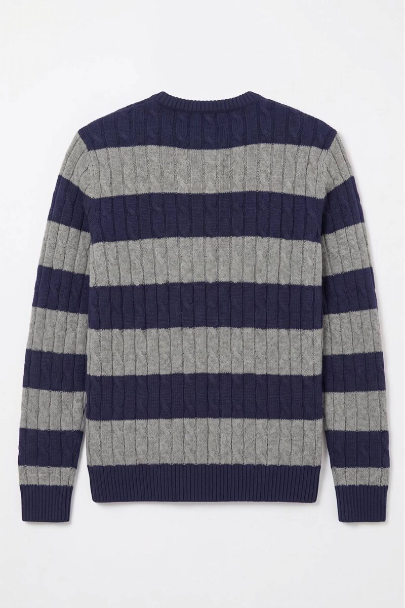 Navy Blue - Grey 100% Cotton Round Neck Sweater - 5