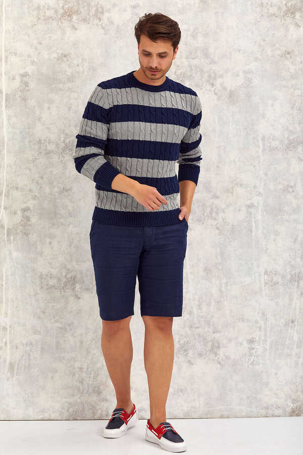 Navy Blue - Grey 100% Cotton Round Neck Sweater