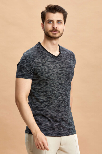 Black 100% Cotton V-Neck Patterned T-shirt - 1