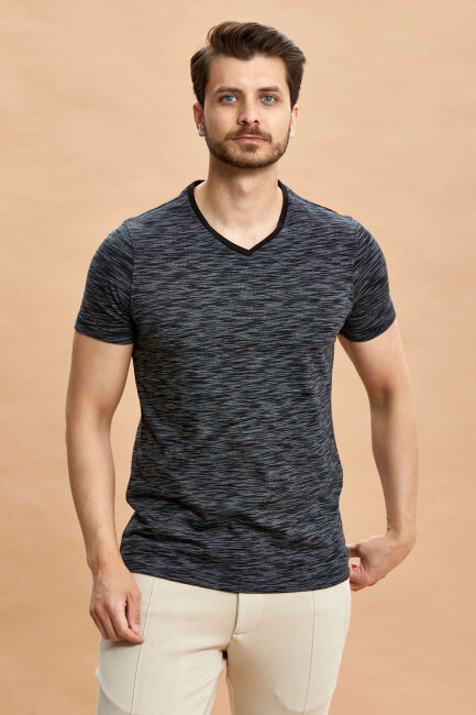 Black 100% Cotton V-Neck Patterned T-shirt - 2