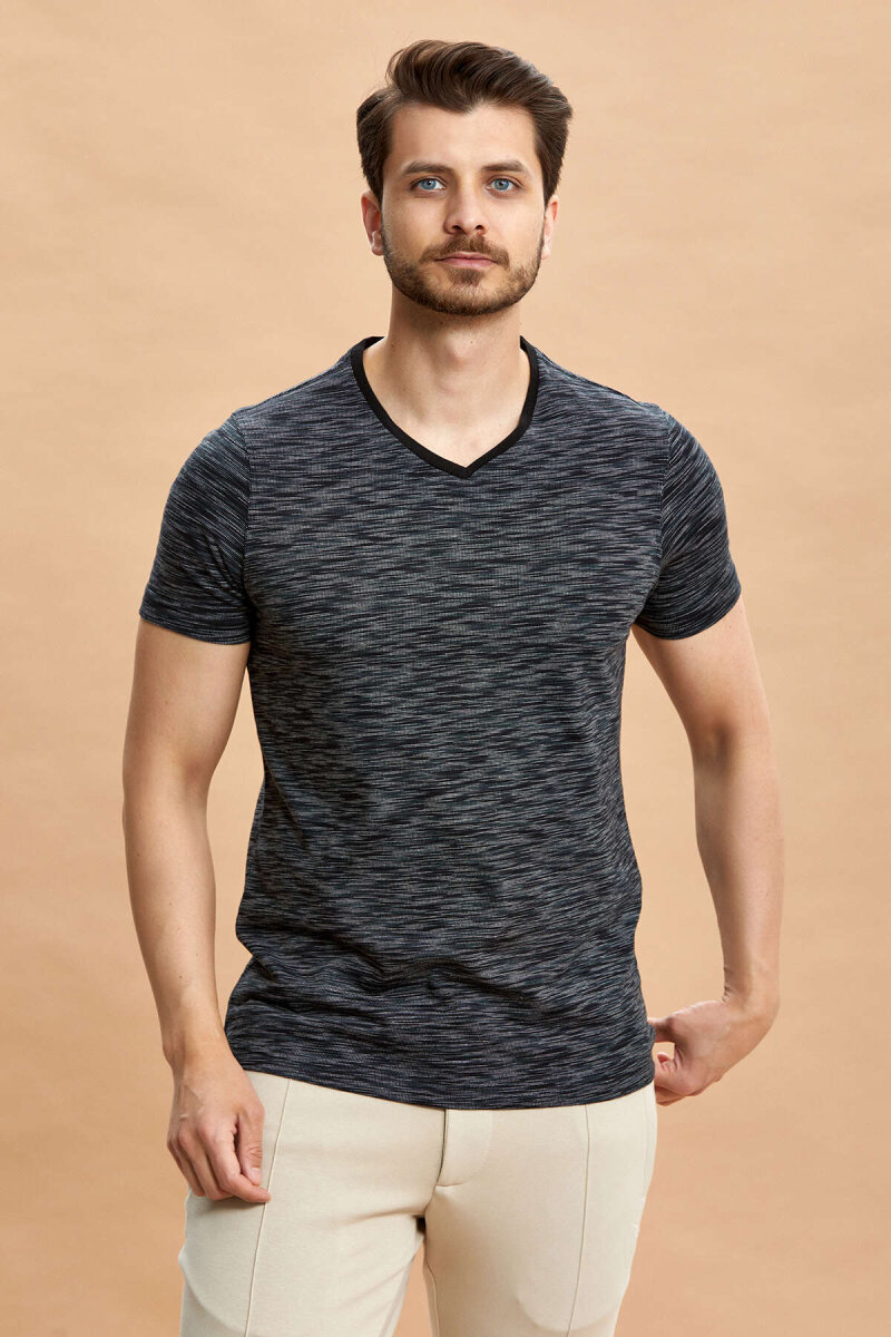 Black 100% Cotton V-Neck Patterned T-shirt (1)