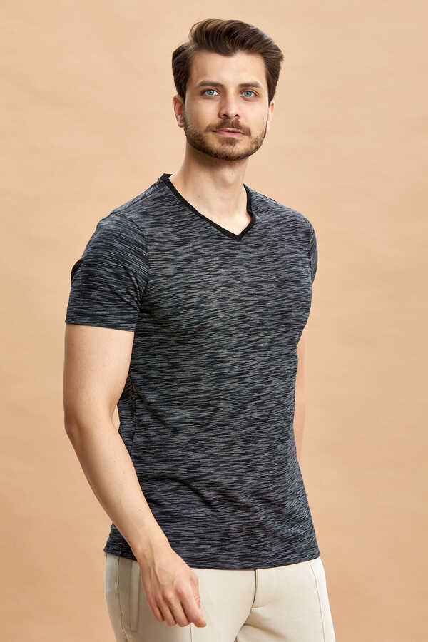 Black 100% Cotton V-Neck Patterned T-shirt