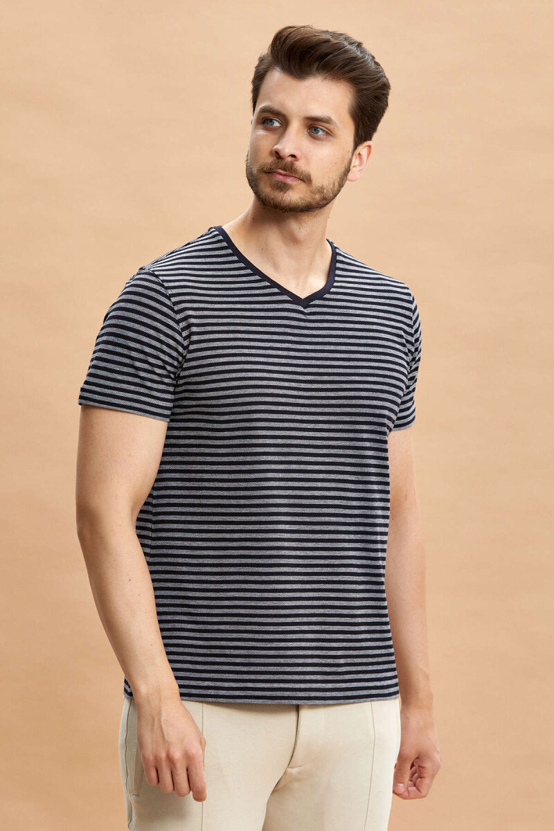 Navy Blue 100% Cotton V-Neck T-shirt (1)