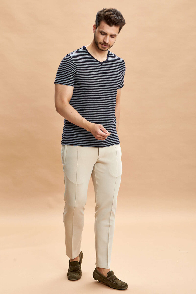 Navy Blue 100% Cotton V-Neck T-shirt - 3