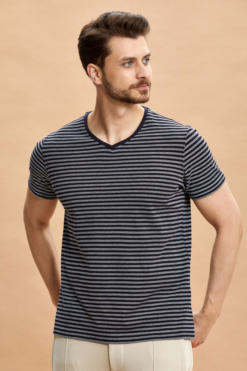 Navy Blue 100% Cotton V-Neck T-shirt - 4