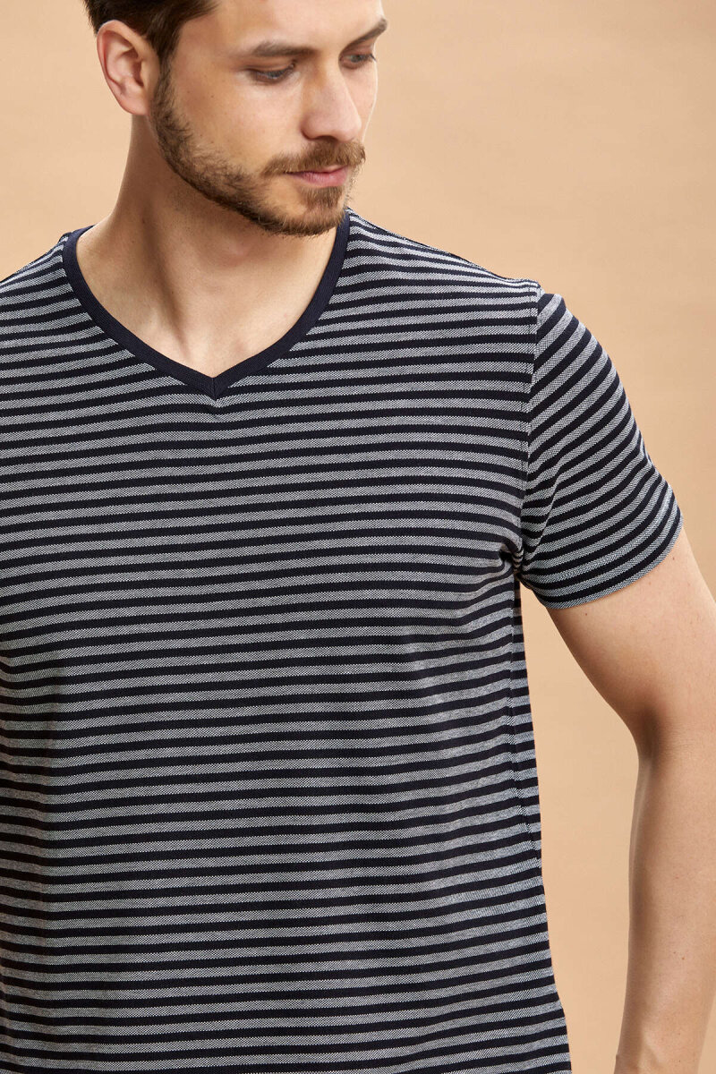 Navy Blue 100% Cotton V-Neck T-shirt - 5