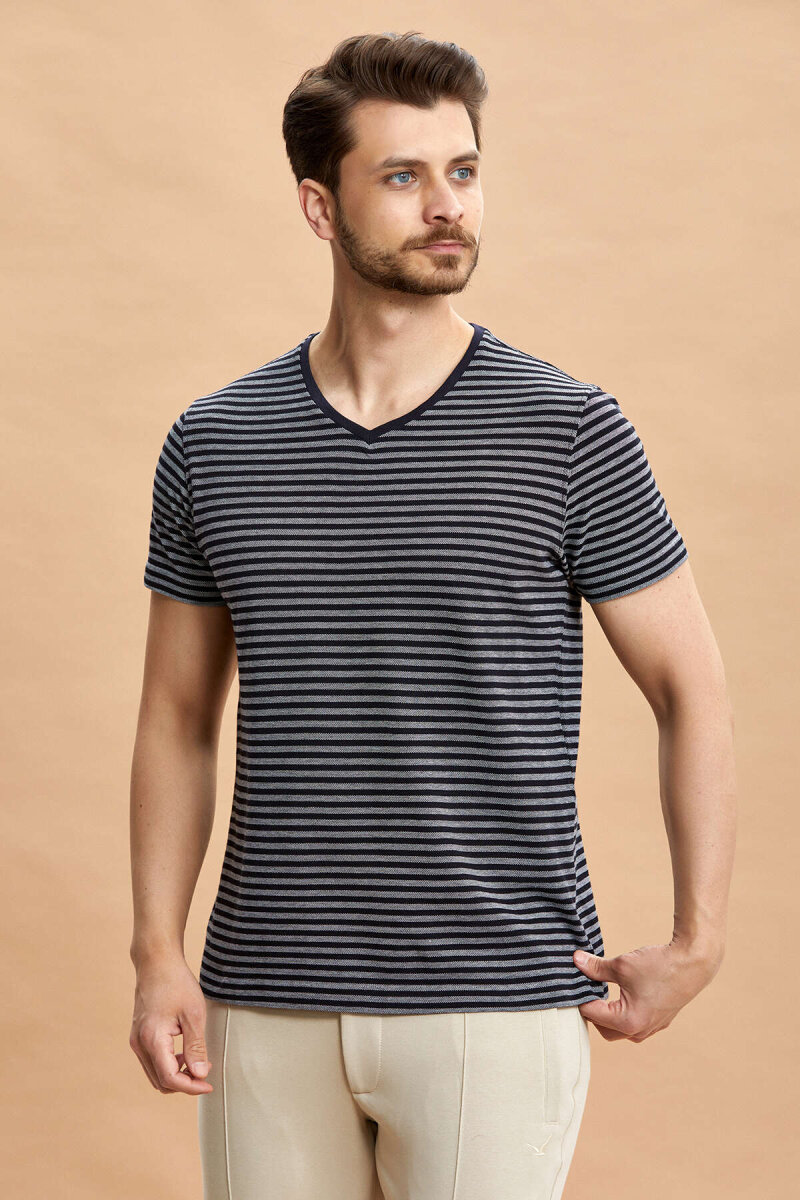 Navy Blue 100% Cotton V-Neck T-shirt - 6