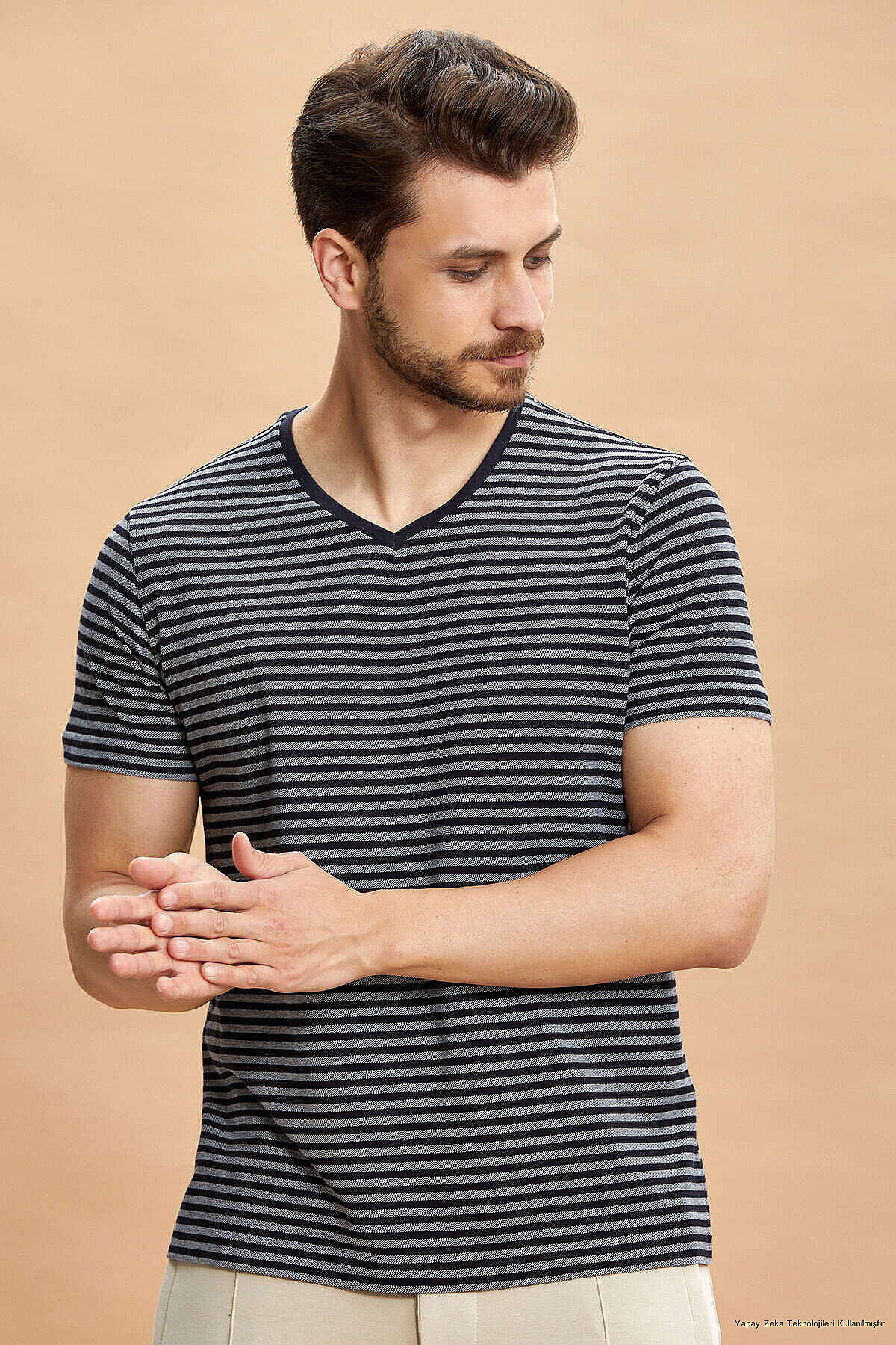 Navy Blue 100% Cotton V-Neck T-shirt - 1