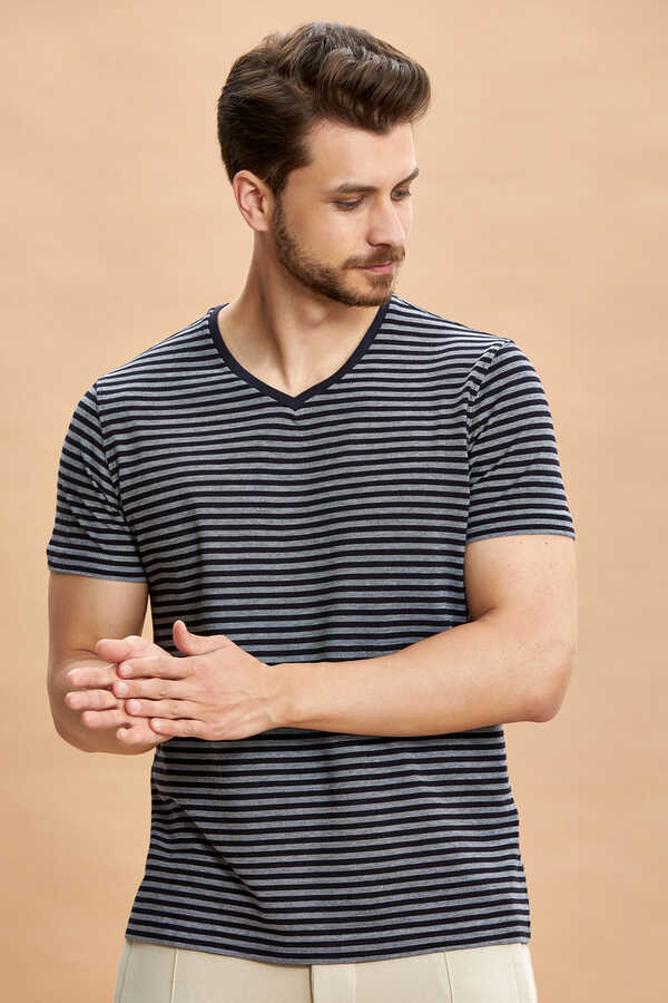 Navy Blue 100% Cotton V-Neck T-shirt