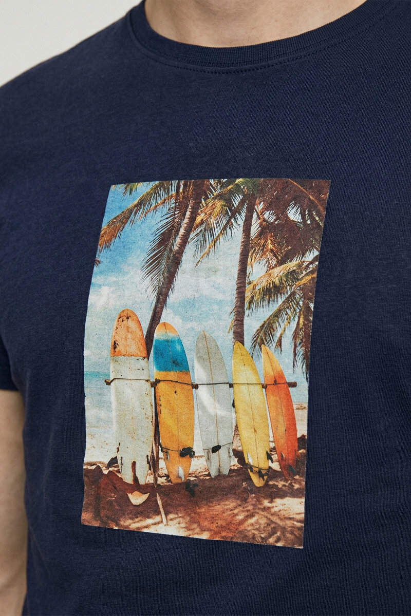 Navy Blue 100% Cotton Printed T-shirt - 3